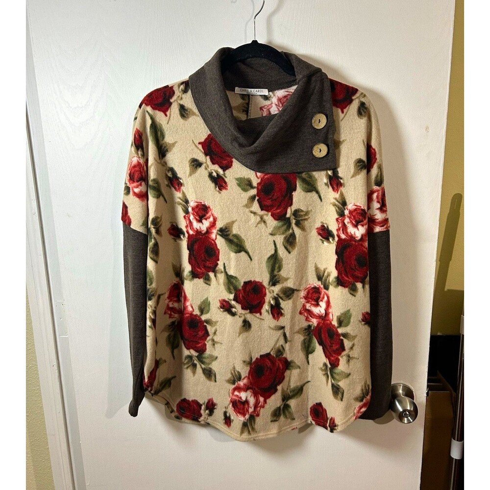 Chris & Carol Women’s L Beige Floral Cowl Neck Stretch Knit Cottage Core Top